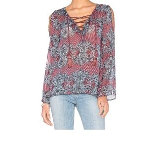 Line & Dot Maroon and Blue Smocked Blouse with Tie Front